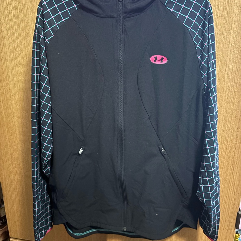 Under Armour Black Jacket with Pink Emblem and Blue Grid